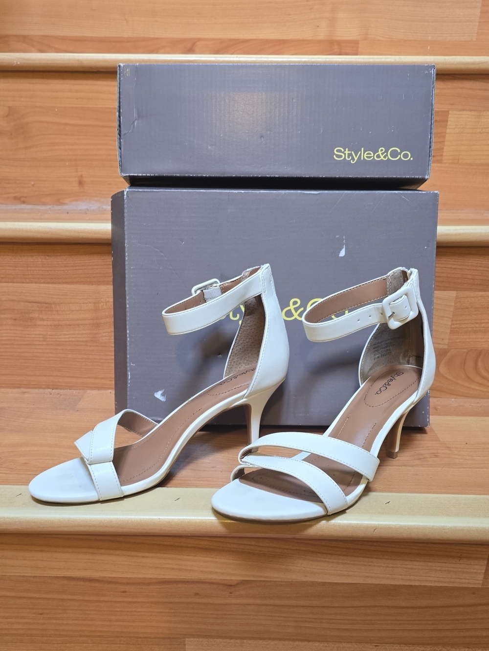 Style & Co. White Strappy Ankle‑Buckle Heeled Sandals